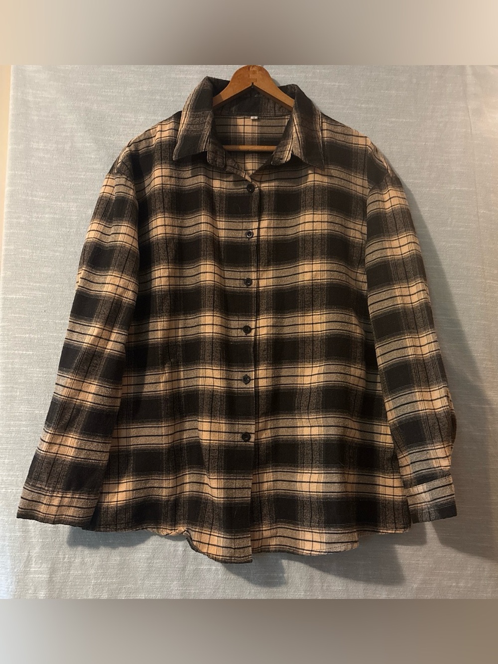 SHEIN Flannel Shirt Long Sleeve Button Up Black/Beige Plaid Women’s Sz S